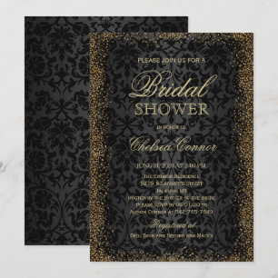Bridal Shower - Black Damask and Gold Confetti  Invitation