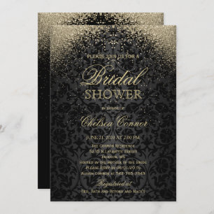 Bridal Shower - Black Damask and Gold Glitter Invitation
