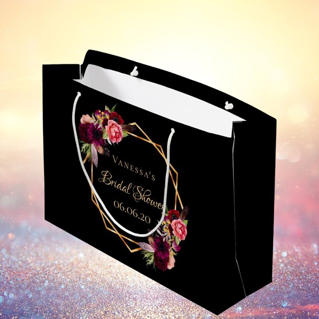 Bridal Shower black florals burgundy Large Gift Bag (Creator Uploaded)