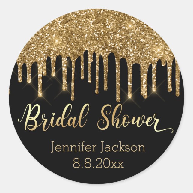 bridal shower,black gold dripping glitters wedding classic round sticker (Front)