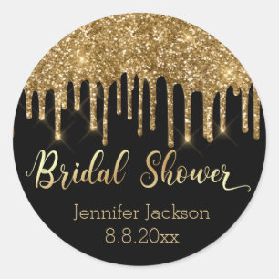 bridal shower,black gold dripping glitters wedding classic round sticker