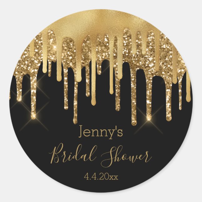 bridal shower black gold dripping glitters wedding classic round sticker (Front)