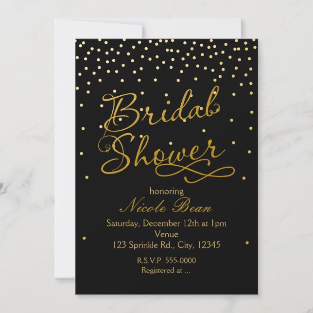 BRIDAL SHOWER Black Gold Foil Confetti Invitation (Front)