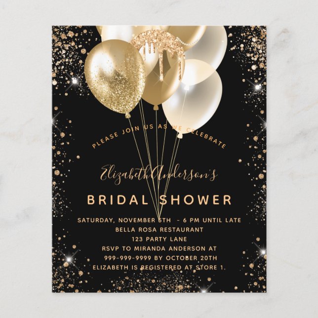 Bridal Shower black gold glitter balloons budget Flyer (Front)