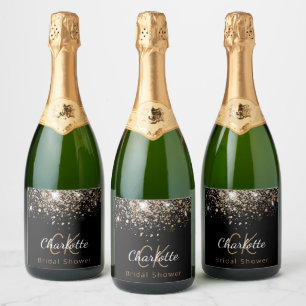 Bridal Shower black gold glitter monogram initials Sparkling Wine Label