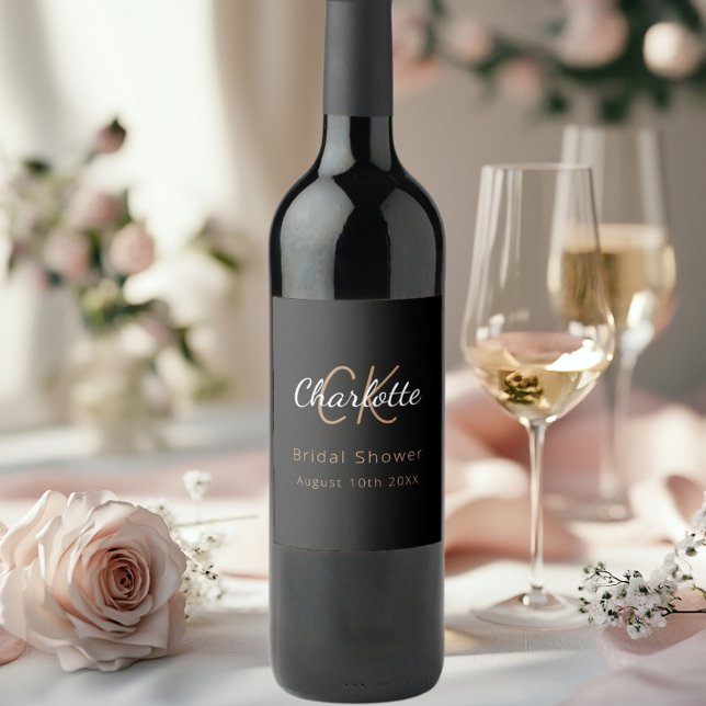 Bridal Shower black gold monogram Wine Label (Creator Uploaded)