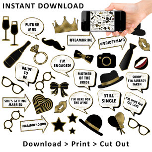 Bridal Shower Black & Gold Photo Booth Sign Props 