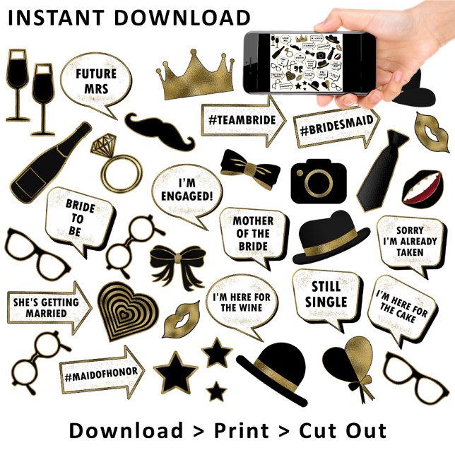 Bridal Shower Black & Gold Photo Booth Sign Props  (This is intended for Digital Instant Download / Printable Purchase. Click the "Choose Your Format".)