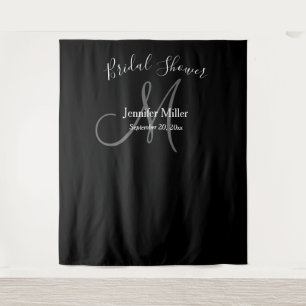 Bridal Shower Black Grey Monogram Name Photo Booth Tapestry