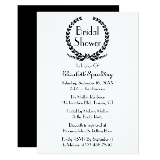 Image of Bridal Shower Black Laurel Leaf Wreath Floral Invitation