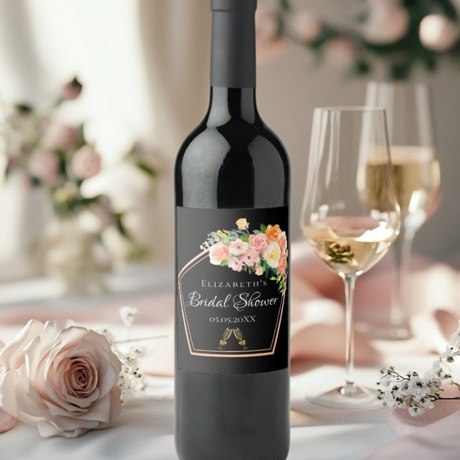 Bridal Shower black pink floral geometric Wine Label (Creator Uploaded)
