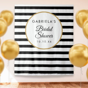 Bridal Shower Black Stripe Gold Photo Backdrop Tapestry