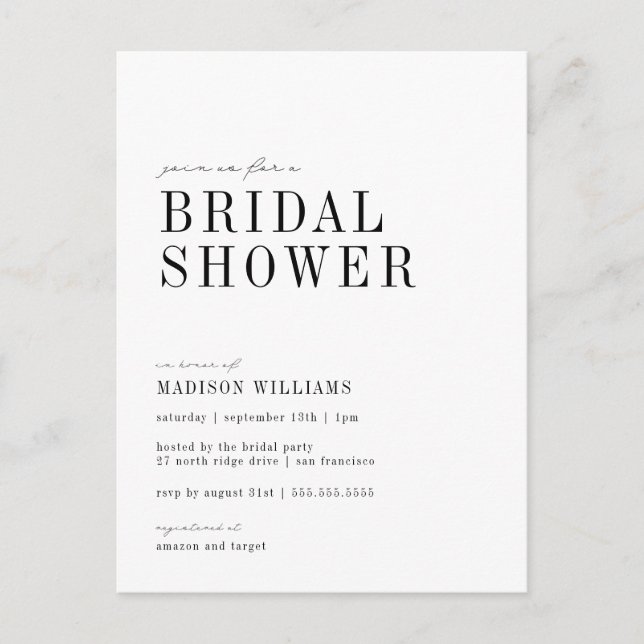 BRIDAL SHOWER | Black & White Minimalist Postcard (Front)