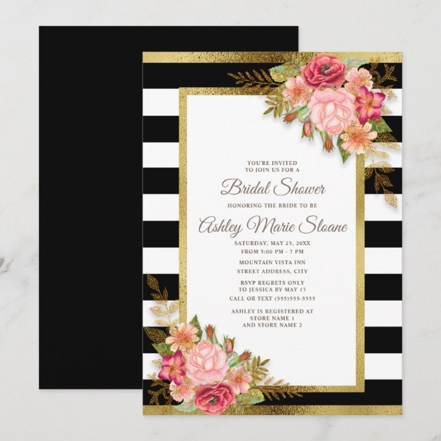 Bridal Shower Black White Stripes Pink Floral Gold Invitation (Front/Back)