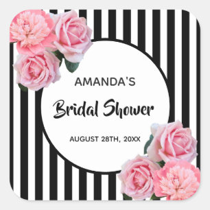 Bridal Shower black white stripes pink flowers Square Sticker