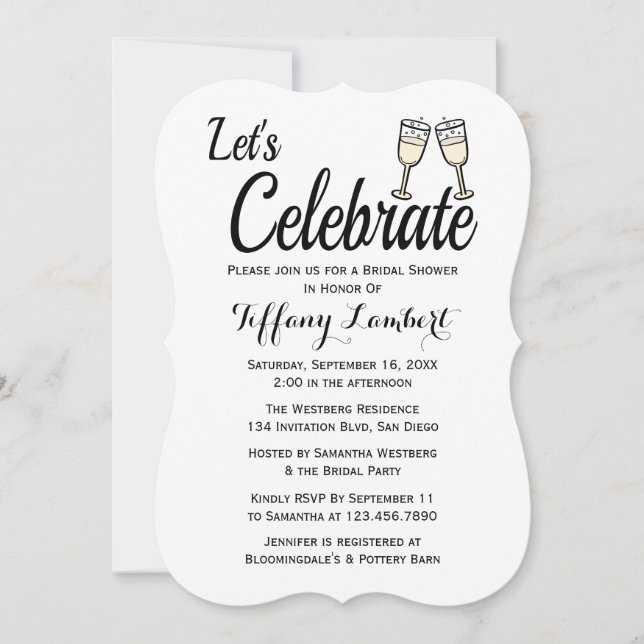 Bridal Shower Black White Wedding Champagne Glass Invitation (Front)
