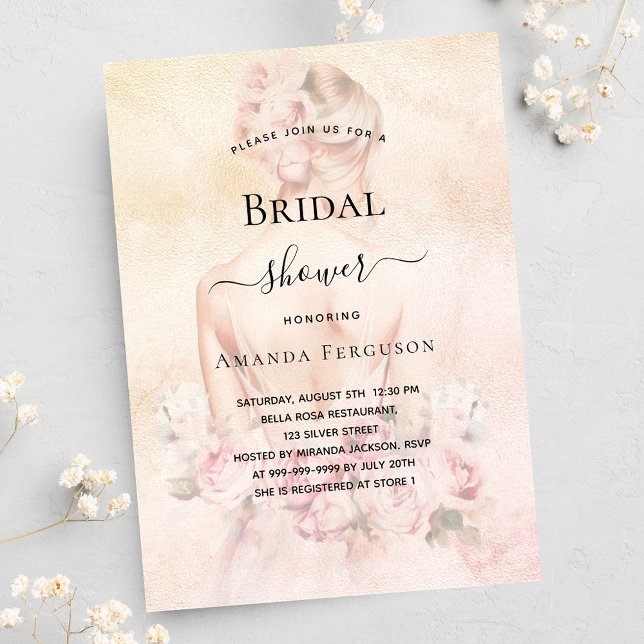 Bridal shower blonde bride rose gold blush invitation postcard (Creator Uploaded)