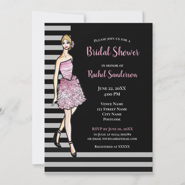 Bridal Shower Blonde Girl with Pink Roses Dress Invitation (Front)