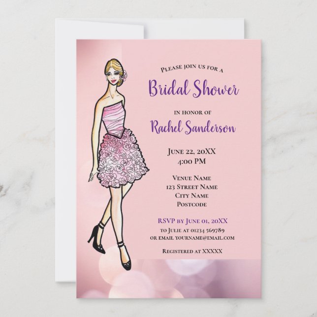 Bridal Shower Blonde Girl with Pink Roses Dress Invitation (Front)