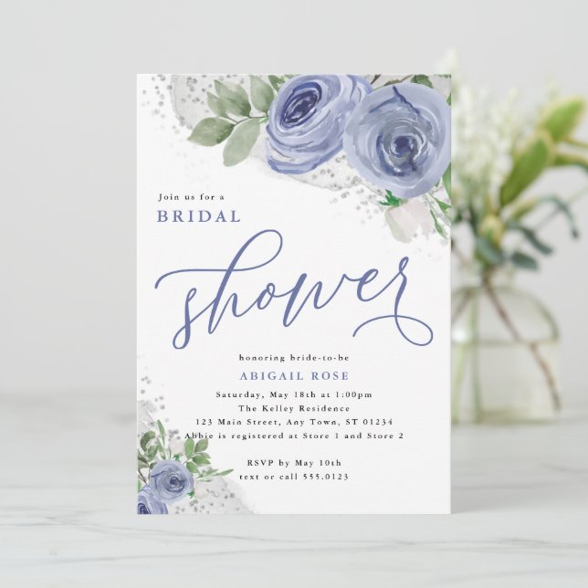 Bridal Shower, Blue and Silver, Watercolor Flowers Invitation (Standing Front)