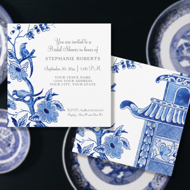 Bridal Shower Blue Chinoiserie Floral Watercolor Invitation (Creator Uploaded)