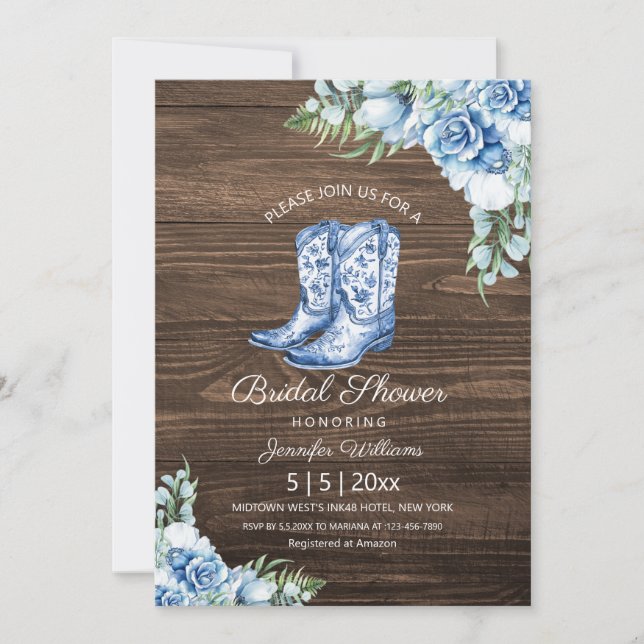 bridal shower blue cowgirl boots floral rustic  invitation (Front)