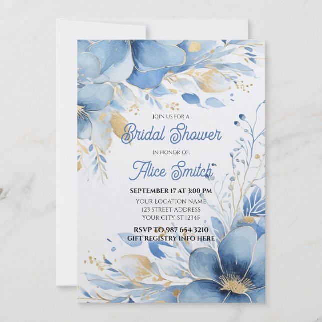 Bridal shower, Blue Flowers, Elegant Invitation (Front)