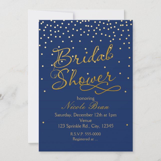 BRIDAL SHOWER Blue & Gold Foil Confetti Invitation (Front)
