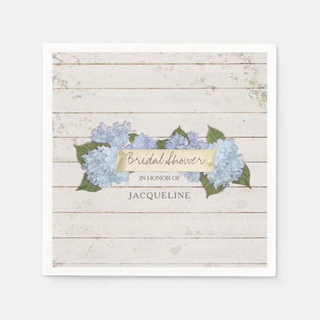 Bridal Shower Blue Hydrangea Shiplap Wooden Board Napkin (Front)