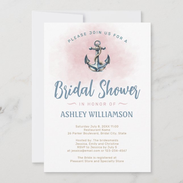 Bridal Shower Blue Nautical Anchor Invitation (Front)