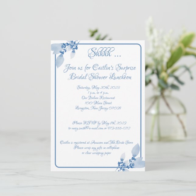 Bridal Shower, Blue Outline Watercolor Invitation (Standing Front)
