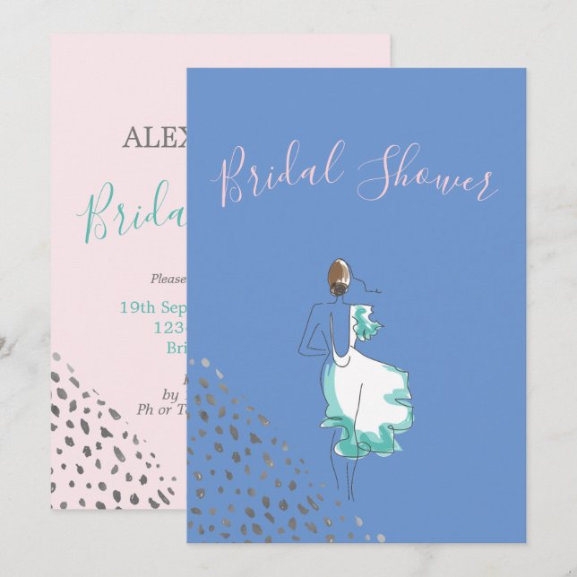 Bridal Shower Blue Pink White Simple Invitation (Front/Back)