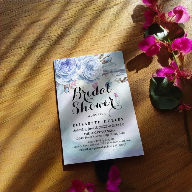 Bridal Shower Blue Watercolor Boho Floral Feathers Invitation (Creator Uploaded)