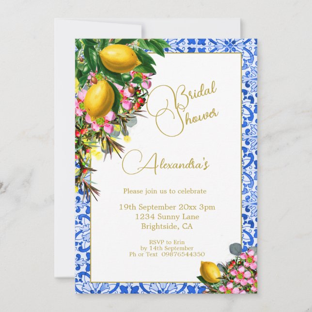 Bridal Shower Blue White Tile Lemons Floral  Invitation (Front)