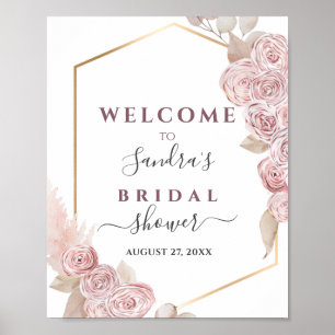 Bridal Shower Blush Pink Floral and Golden Frame Poster