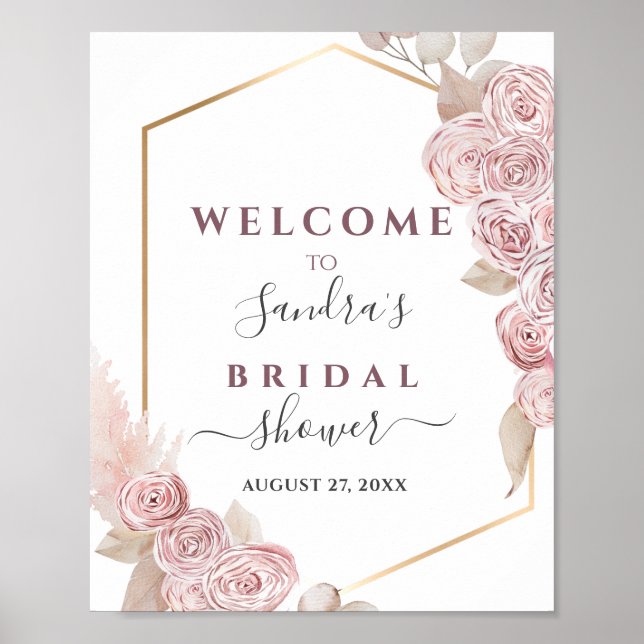 Bridal Shower Blush Pink Floral and Golden Frame Poster (Front)