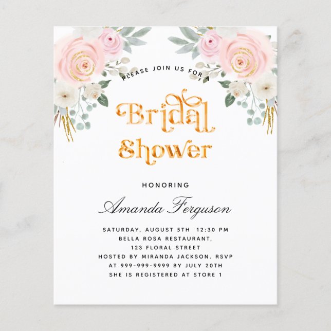 Bridal shower blush pink floral budget invitation flyer (Front)
