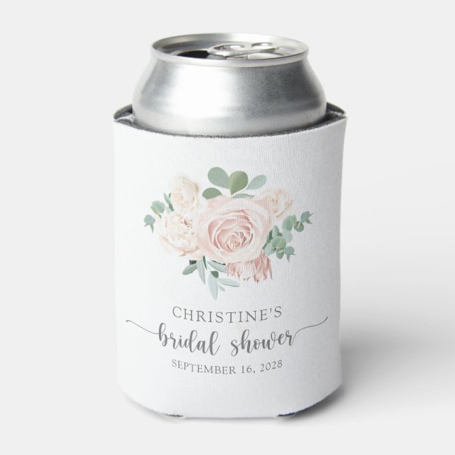 Bridal Shower Blush Pink Floral Eucalyptus Can Cooler (Can Front)