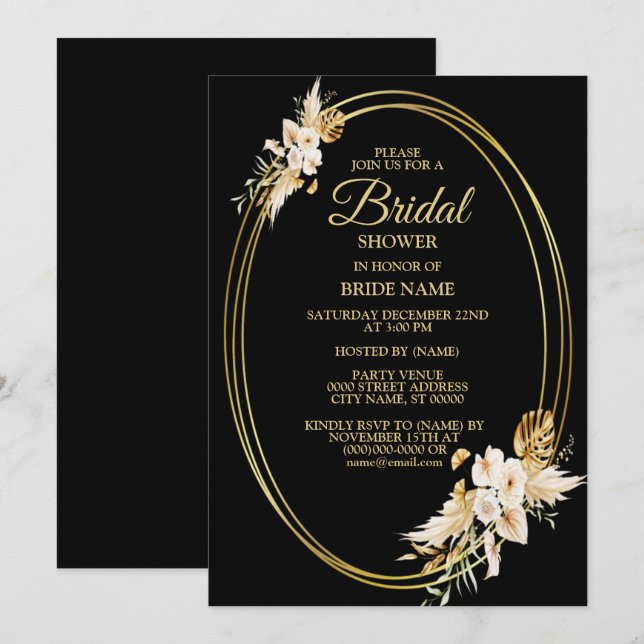 Bridal Shower Blush Pink Floral Golden Black Invitation (Front/Back)