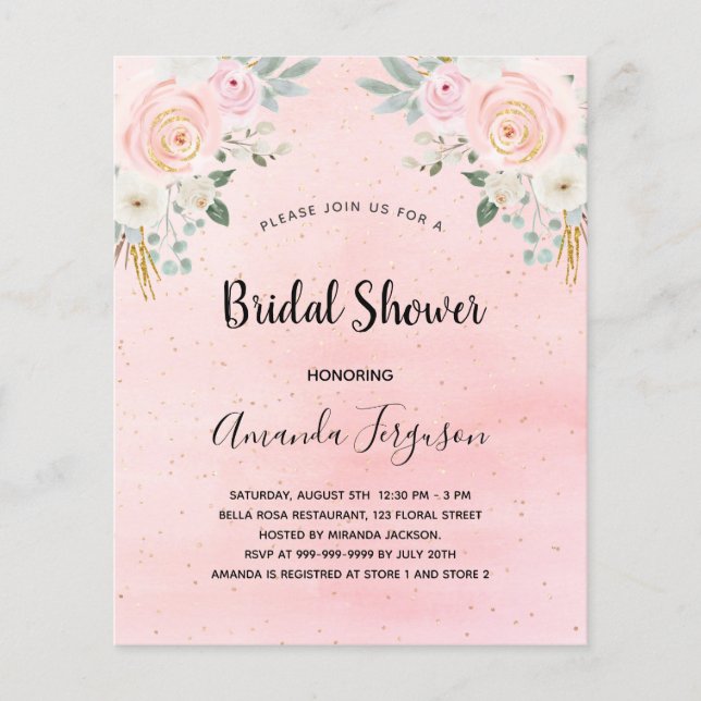 Bridal shower blush pink floral invitation (Front)