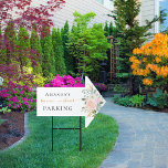 Bridal shower blush pink floral parking arrow garden sign<br><div class="desc">A chic white background. Decorated with blush pink florals and greenery. Personalise and a name.  Black letters. With the text: Parking</div>