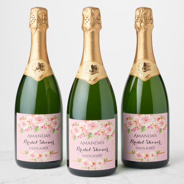 Bridal shower blush pink florals name sparkling wine label (Bottles)