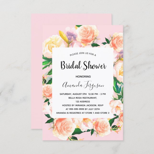Bridal shower blush pink florals rose gold invitation (Front/Back)