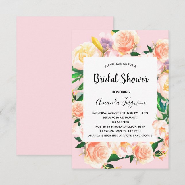 Bridal shower blush pink florals rose gold invitation (Front/Back)