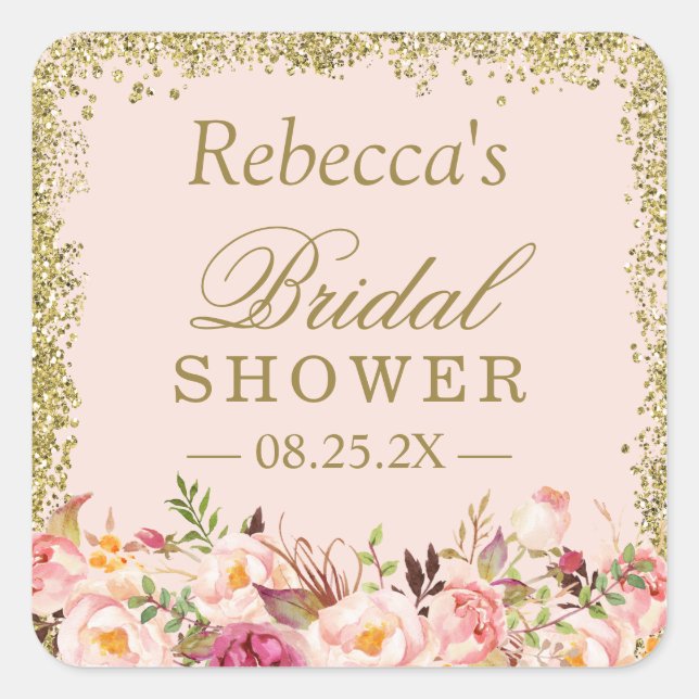 Bridal Shower Blush Pink Gold Glitters Floral Square Sticker (Front)