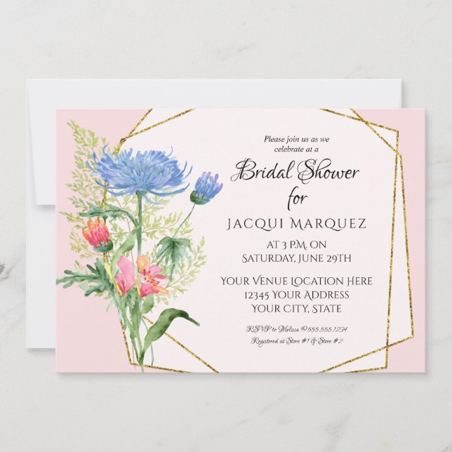 Bridal Shower Blush Pink n Blue Ferns n Floral Art Invitation (Front)