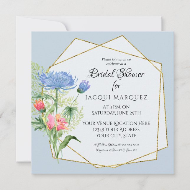 Bridal Shower Blush Pink n Dusty Blue Fern Floral Invitation (Front)