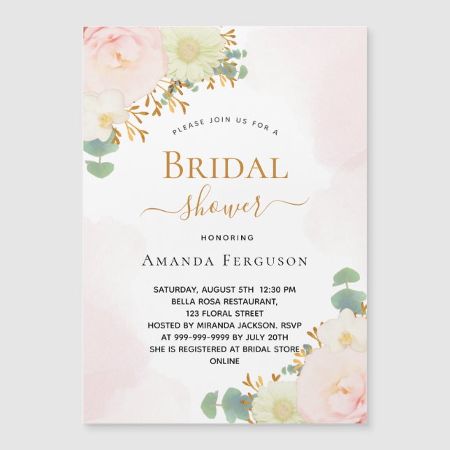 Bridal Shower blush pink watercolor florals magnet (Front)