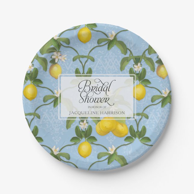Bridal Shower BOHO Blue Lemon Leaf Flower Citrus Paper Plate (Front)