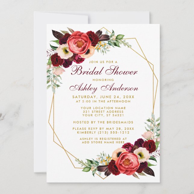 Bridal Shower Boho Burgundy Floral Invite GB (Front)